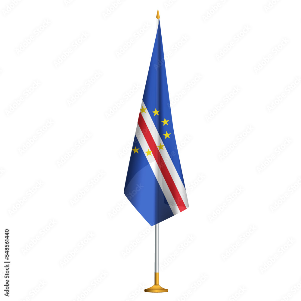 Isolated small national flag of Cape Verde vector with golden flagpole.Standing miniature flag of Cape Verde