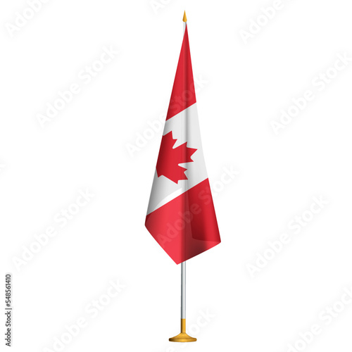 Isolated small national flag of Canada vector with golden flagpole.Standing miniature flag of Canada