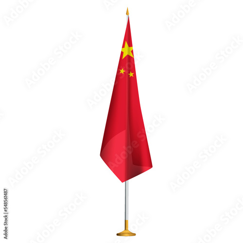 Isolated small national flag of China vector with golden flagpole.Standing miniature Chinese flag