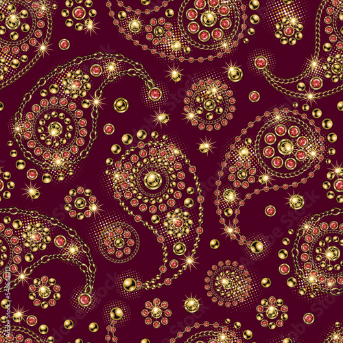Seamless pattern with paisley ornament, round jewelry elements in vintage style. Red background. Vector illustration. Good for clothing, apparel, fabric, textile, surface design.