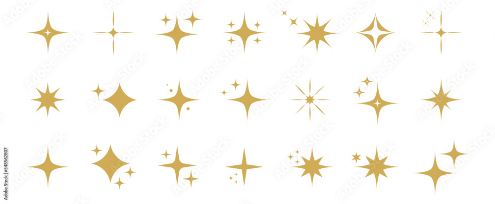 Collection of different gold sparkles icons. Collection of different gold sparkles icons.