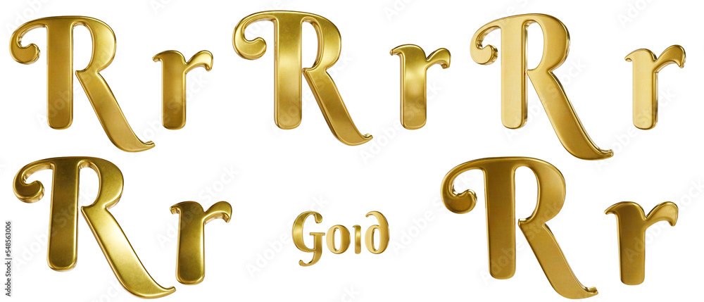3D alphabet. Golden font with transparent background. Gold. Letter R, r. 5 variants at different angles. 3D alphabet. Golden font with transparent background. Gold. Letter R, r. 5 variants at different angles.