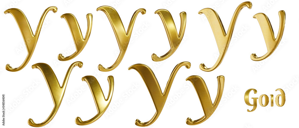 3D alphabet. Golden font with transparent background. Gold. Letter Y, y. 5 variants at different angles. 3D alphabet. Golden font with transparent background. Gold. Letter Y, y. 5 variants at different angles.