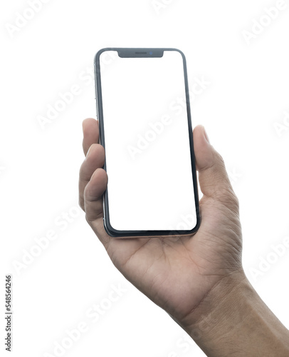 Hand holding Mobile smart phone on white background technology, Mobile phone screen mockup design on isolate with clipping path