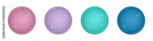 Realistic glossy icons, badge, mockup. Multicolored color sphere buttons. Pink, purple, green and blue glass balls