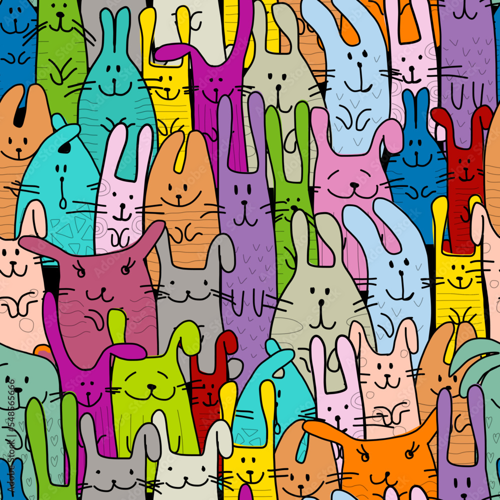 Funny Bunnies family. Seamless pattern background with Rabbits. Symbol of 2023 chineese new year. Cute characters, childish style. Vector illustration Funny Bunnies family. Seamless pattern background with Rabbits. Symbol of 2023 chineese new year. Cute characters, childish style. Vector illustration