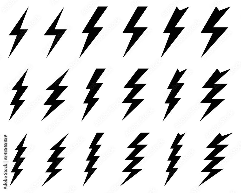 Black icons of thunder and flash lighting on a white background Black icons of thunder and flash lighting on a white background