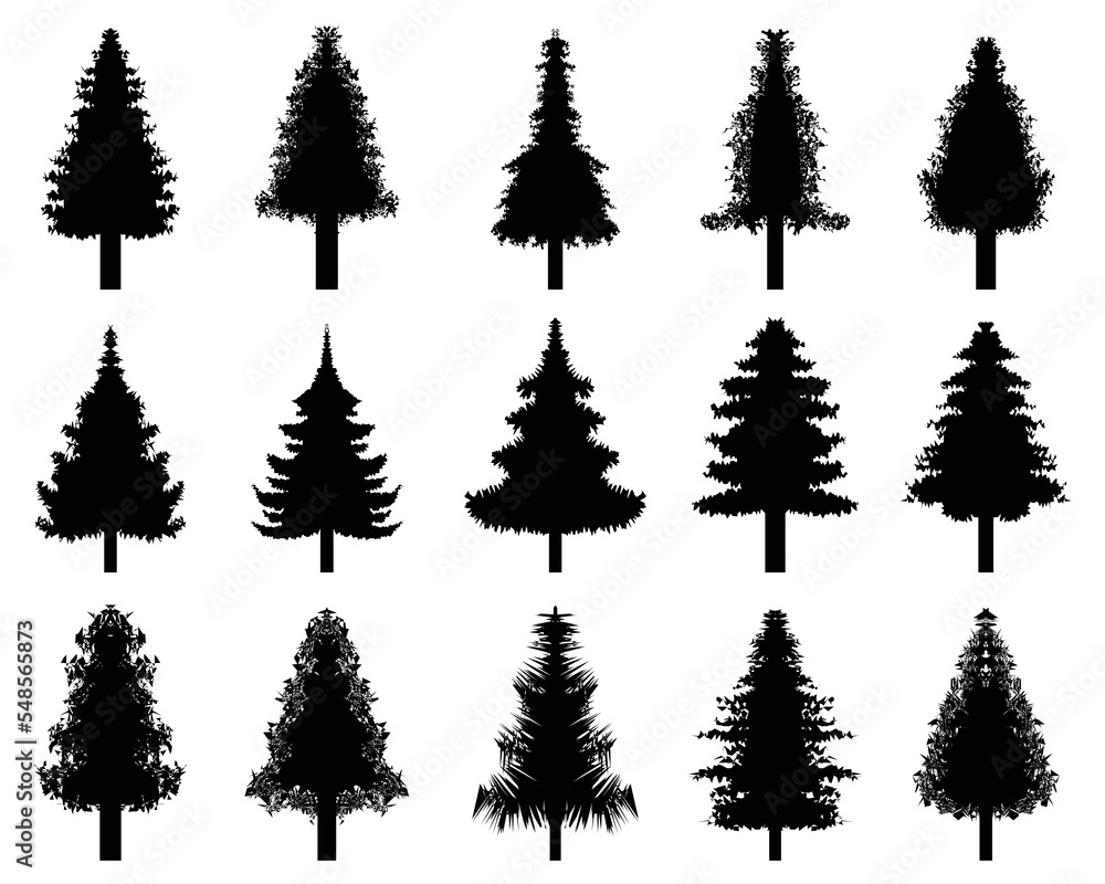 Black silhouettes of Christmas tree icons on a white background	