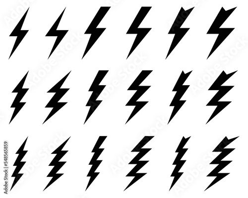 Black icons of thunder and flash lighting on a white background 
