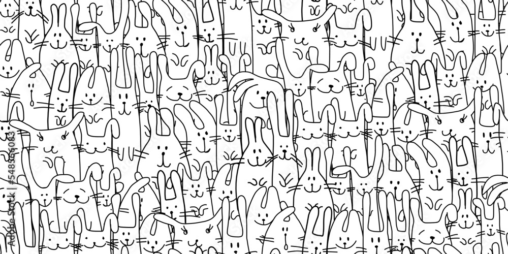 Funny Bunnies family. Seamless pattern background with Rabbits. Symbol of 2023 chineese new year. Cute characters, childish style. Colouring art. Vector illustration
