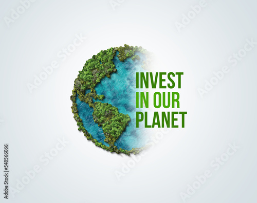 Invest in our planet. Earth day 2023 3d concept background. Ecology concept. Design with 3d globe map drawing and leaves isolated on white background. 
