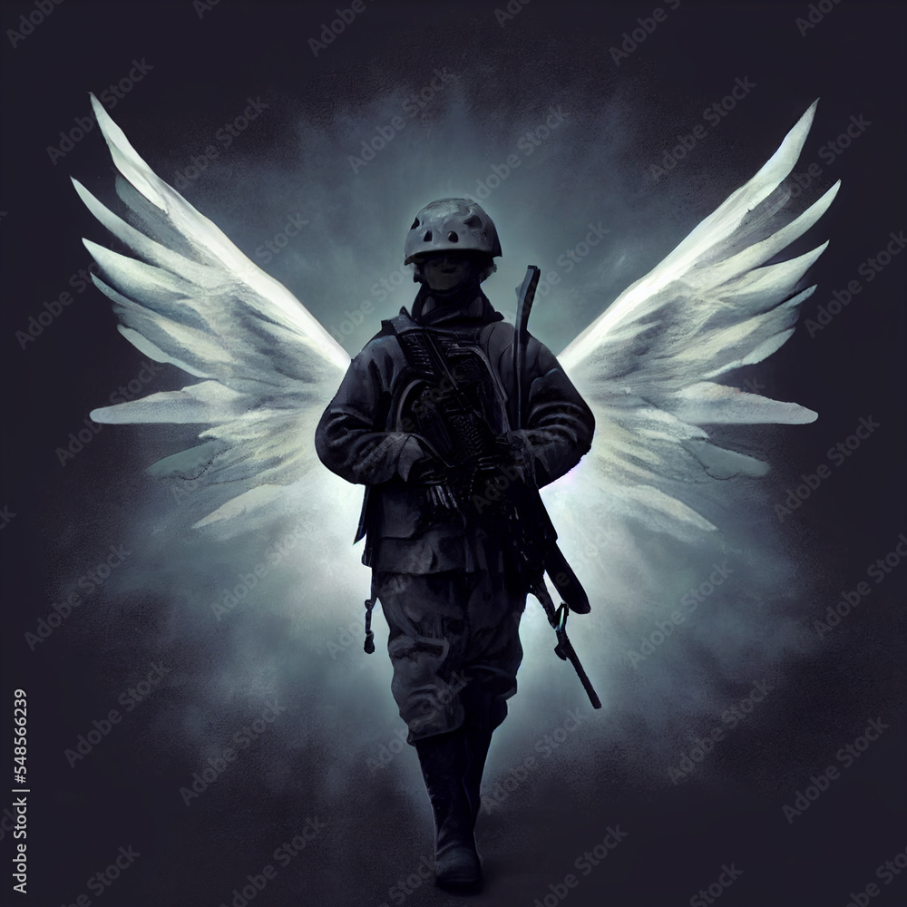 Warrior of Light. Soldier Liberator. Warrior with machine gun and angel  wings Stock Illustration | Adobe Stock