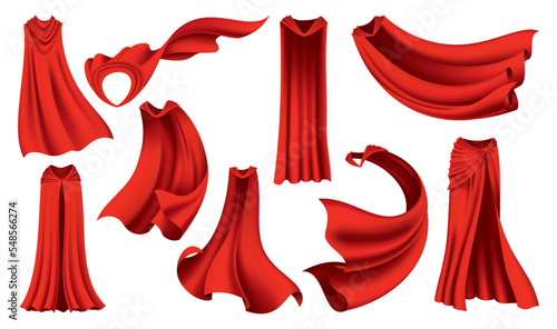 Superhero red cape in different positions, front and side view. Scarlet fabric silk cloak. Mantle costume or cover cartoon vector set photo