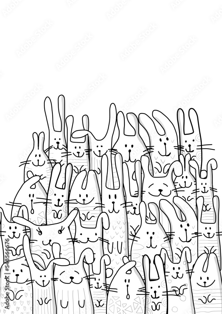 Funny Bunnies family. Rabbit - symbol of 2023 chineese new year. Chreeting card design idea. Cute characters. Colouring page design, outline style. Vector illustration