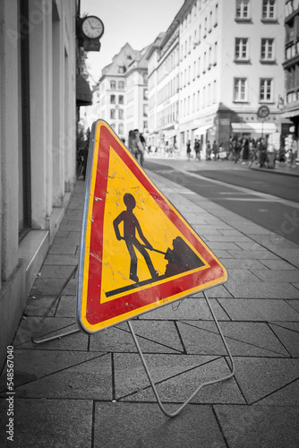 Construction site sign on a footpath in the old town of Strasbourg in France