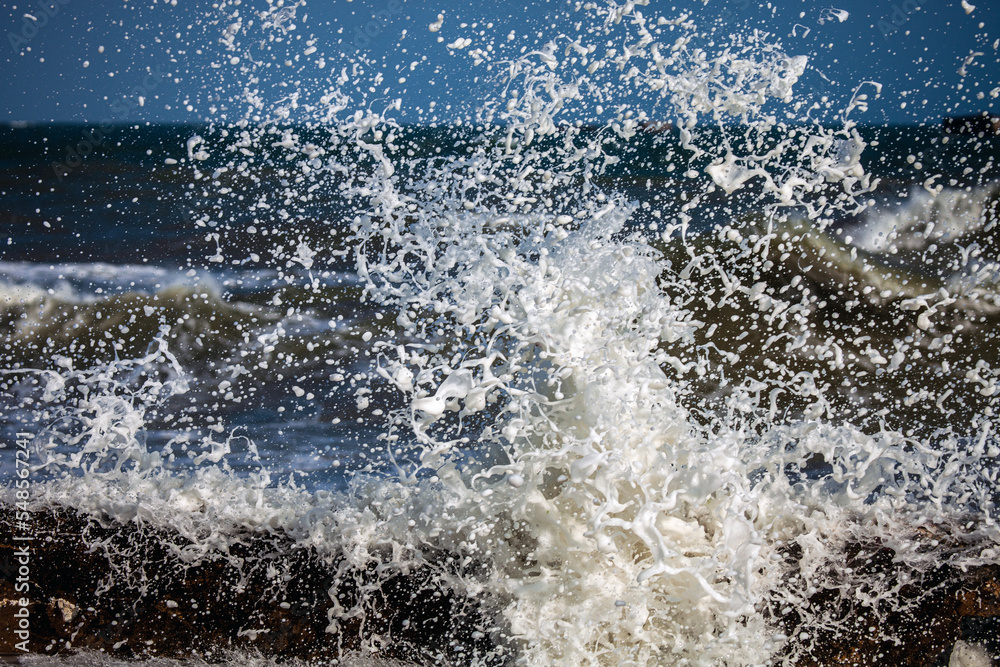 Le plaisir de l'eau de mer sauvage sur la côte.