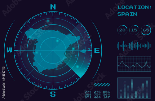 Spain Map Display With Target Radar and Sonar In Digital Monitor