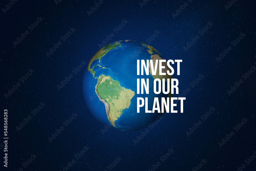 Invest in our planet. Earth day 2023 3d concept background. Ecology concept. Design with 3d globe map drawing and leaves isolated on white background. 