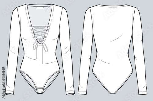 Women's Lace-up Bodysuit technical fashion illustration. Long Sleeve Bodysuit fashion flat technical drawing template, v neckline, slim fit, front and back view, white, CAD mockup.
