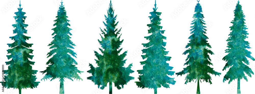 set silhouette watercolor green forest tree design vector isolated