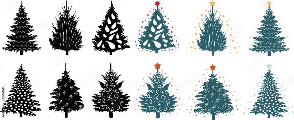 silhouette new year, christmas trees design vector isolated