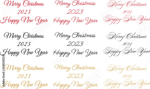 2023 Happy New Year, Merry Christmas calligraphy vintage text. Red, black and gold typography handwritten letter