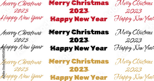 2023 Happy New Year, Merry Christmas vintage calligraphy splash text. Red, black and gold glitch typography brush handwritten letter