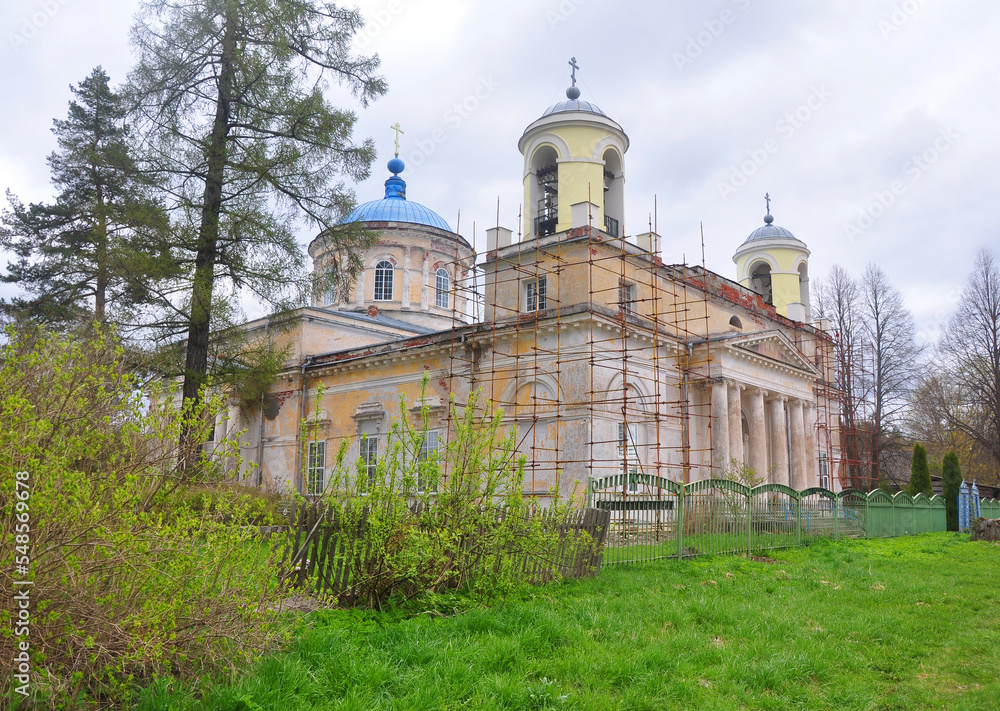 Facade repair of the Spaso-Georgievsky Church in the village of Mlevo, Tver Region. Russia