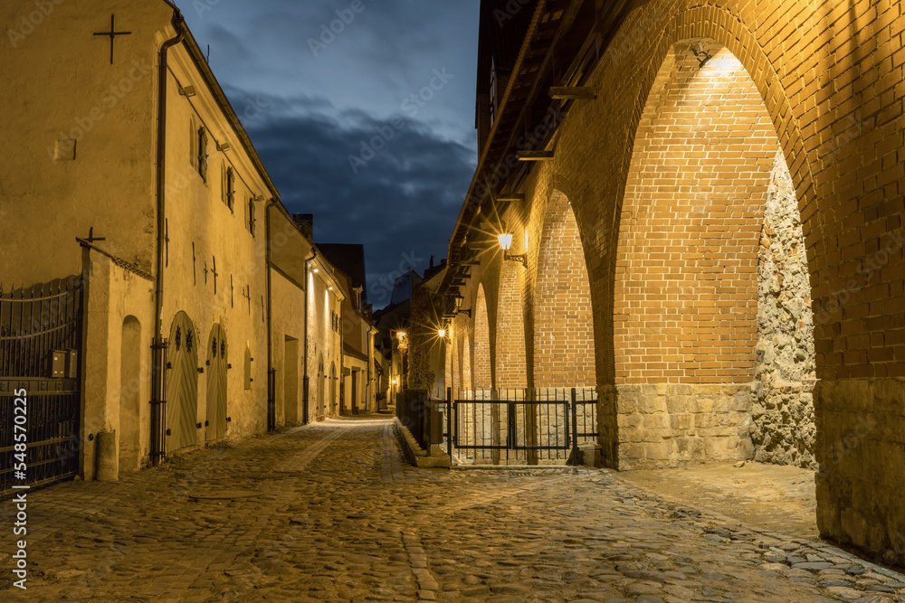 Old medieval cobbled street in the historical center of Riga at night.