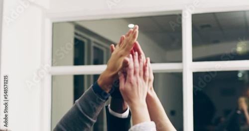 Business people, team and hands together for unity, trust or agreement in celebration at workplace. Group hand in high five, teamwork motivation or solidarity for support success or community meeting photo