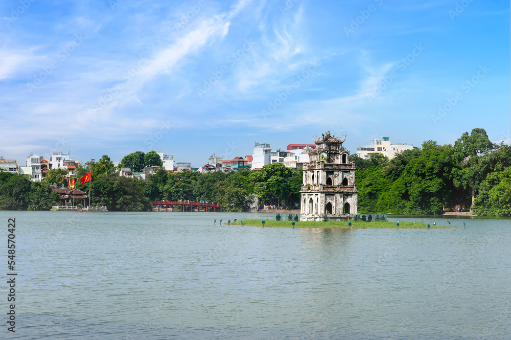 View of Hoan Kiem lake located in the center of Hanoi, Vietnam.