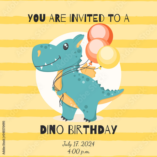 Birthday invitation card with dinosaur. Vector illustration.