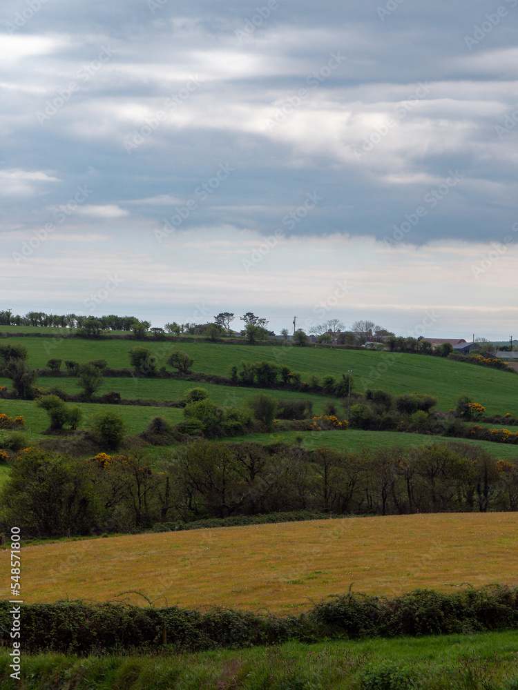 Picturesque Irish hills under a beautiful cloudy sky. Irish nature, spring landscape. Green grass field under white clouds
