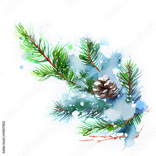 Wallpaper Mural Watercolor Christmas hand-drawn illustration.  Pine branch. Torontodigital.ca