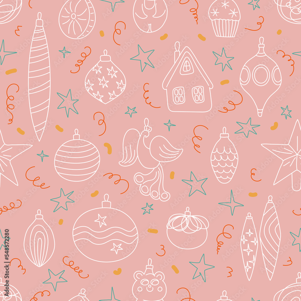 Seamless pattern with doodle Christmas ornaments vector illustration. Hand drawn Xmas baubles. White outline toys isolated on pink background. Childish line print with scribbles Seamless pattern with doodle Christmas ornaments vector illustration. Hand drawn Xmas baubles. White outline toys isolated on pink background. Childish line print with scribbles