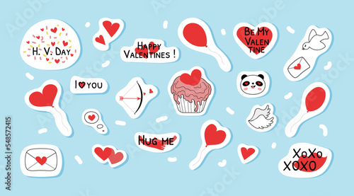 Doodle stickers for valentines day vector illustration. Cute red hearts, balloons and congratulatory phrases, panda head, cupid bow, envelopes. 20 flat style elements 