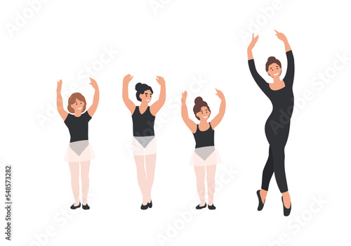 Ballerina, teacher and little girls dancing classic ballet. Ballet class cartoon flat vector illustration isolated on white background.