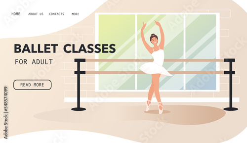 Ballerina in white Silk Dress and Pointe Shoes, classic Ballet Dancer Landing Page Template. Cartoon woman in dance studio Vector Illustration. Choreograph, dance teacher