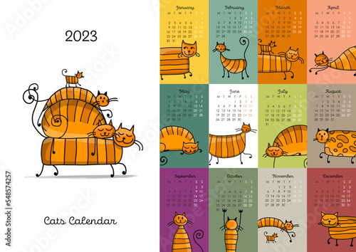 Calendar template, funny cats family. Symbol of 2023. Vector illustration