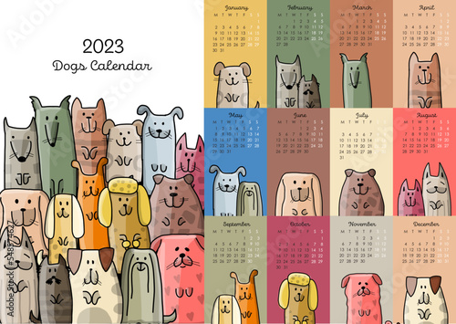Calendar template, funny dogs family. Symbol of 2023. Vector illustration