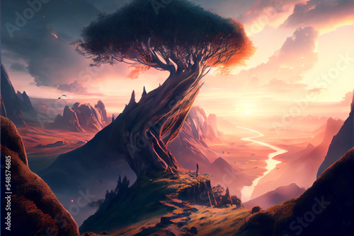sunset in the mountains yggdrasil tree 