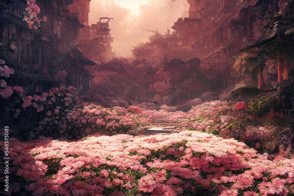 anime scenery of a forest with a path and flowers. generative ai