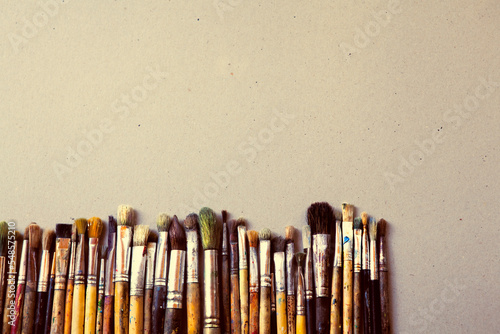 Row artists of Paintbrush, closeup background, art paint creativity craft backgrounds exhibition multicolored, nobody