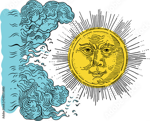 Vintage sun with a face and clouds. Hand drawn engraving medieval illustration. Tattoo design. Esoteric, occult, witchcraft, alchemy, boho, astrology, fairytale, folklore, mythology, woodcut, etching.