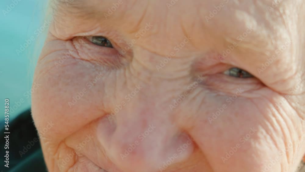 Old grey-haired woman wrinkled face with smiling kind eyes lit by sunlight enjoying windy weather outdoors extreme closeup Old grey-haired woman wrinkled face with smiling kind eyes lit by sunlight enjoying windy weather outdoors extreme closeup