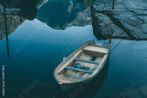 Little boat at the Bondhusvatnet in Norway and some beautiful water reflections photo