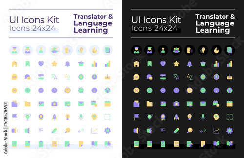 Translator and language learning flat color ui icons set for dark, light mode. Digital program. GUI, UX design for mobile app. Vector isolated RGB pictograms. Montserrat Bold, Light fonts used