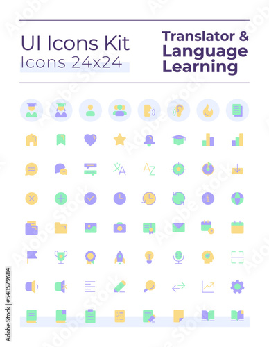 Translator flat color ui icons set. Language learning. Communication. Machine translation. GUI, UX design for mobile app. Vector isolated RGB pictograms. Montserrat Bold, Light fonts used