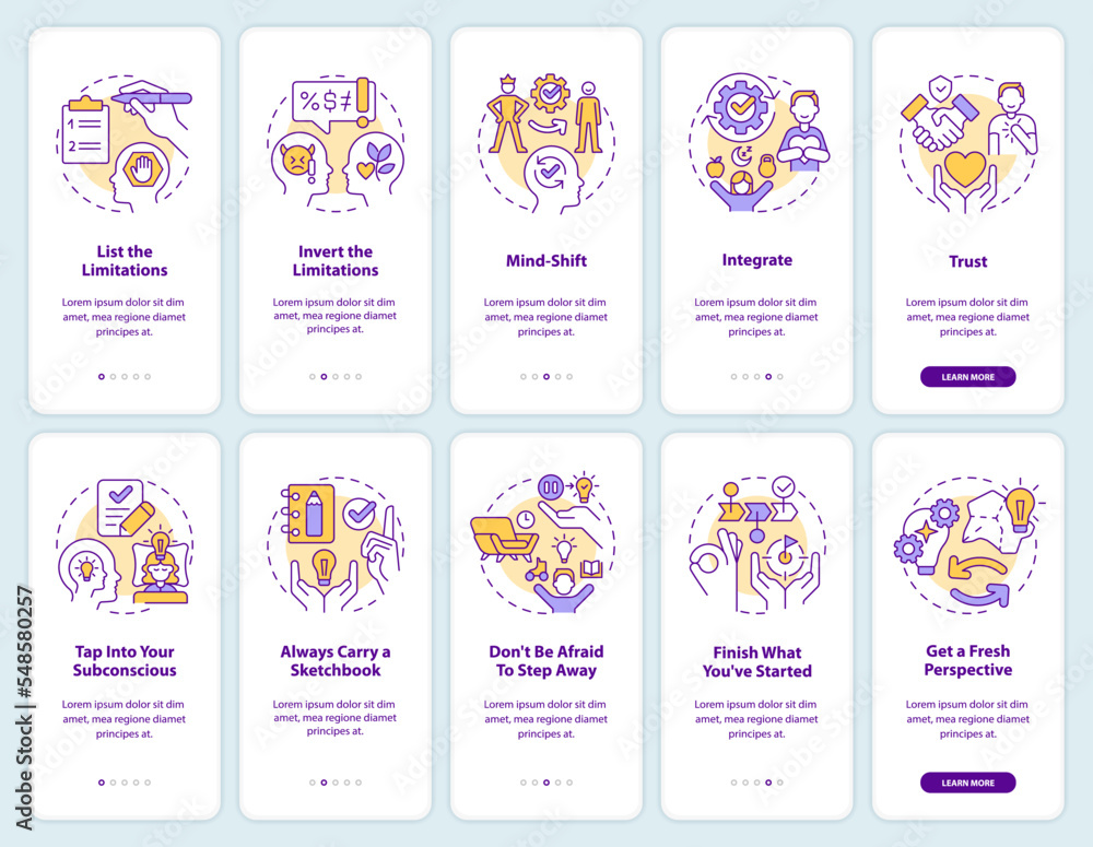 Overcome limitations onboarding mobile app screen set. Creative block walkthrough 5 steps editable graphic instructions with linear concepts. UI, UX, GUI template. Myriad Pro-Bold, Regular fonts used