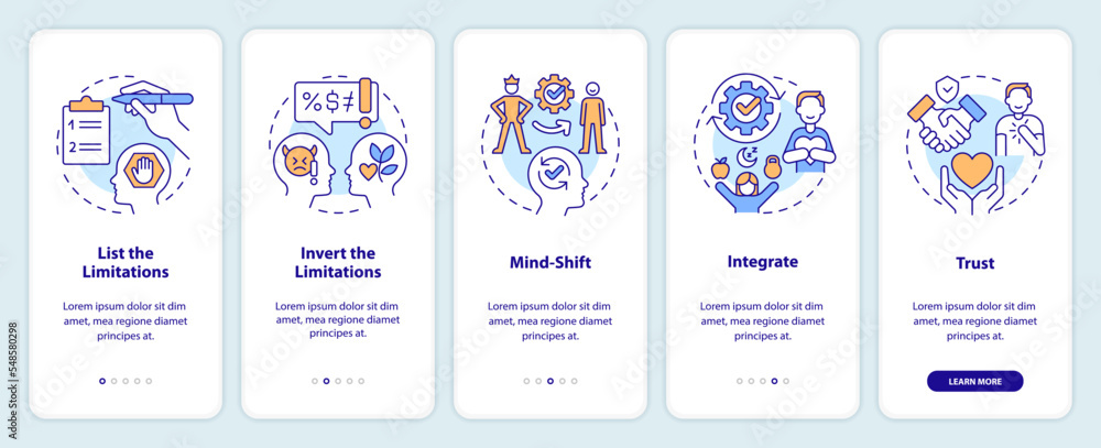 Overcoming self imposed limitations tips onboarding mobile app screen. Walkthrough 5 steps editable graphic instructions with linear concepts. UI, UX, GUI template. Myriad Pro-Bold, Regular fonts used